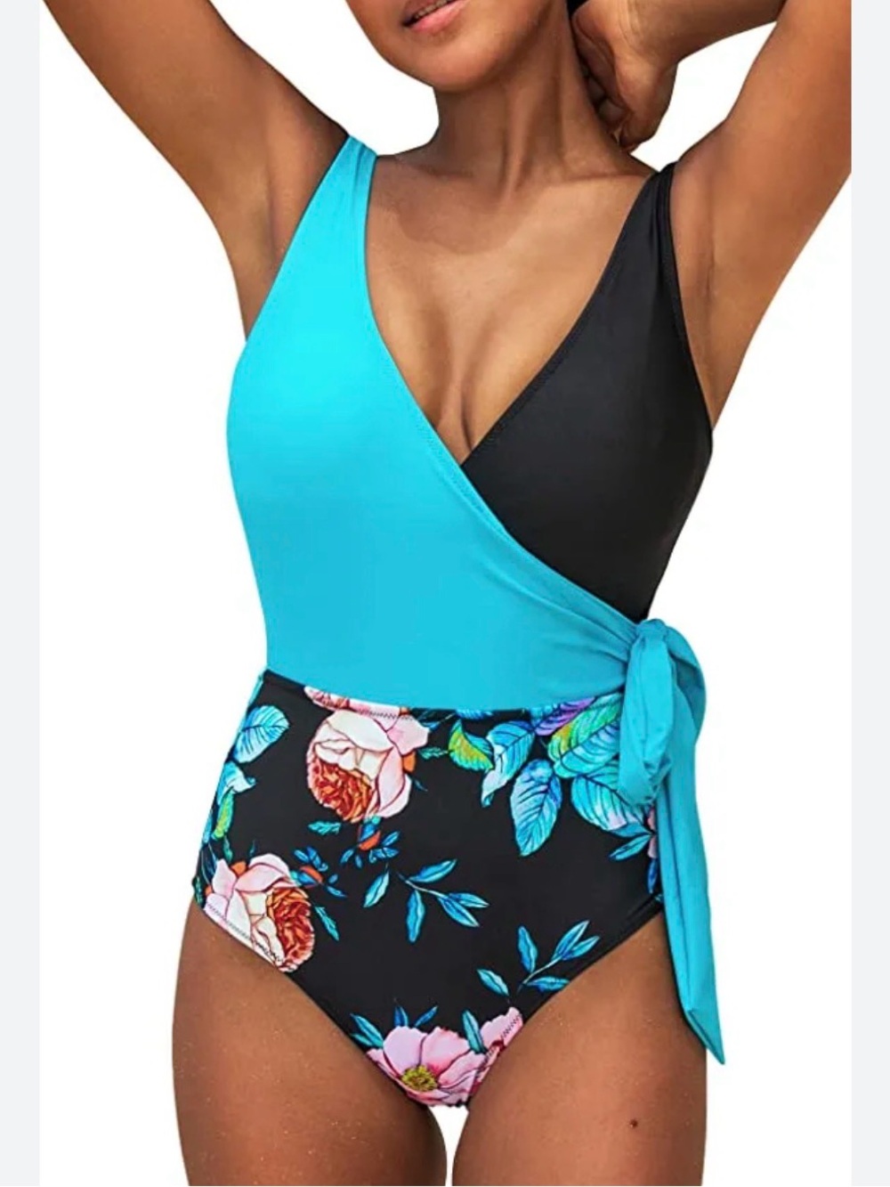 Turquoise Black Floral Wrap One-Piece Swimsuit XL